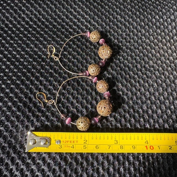 Bohemian Gold Filigree Hoop Earrings with Purple Cat's Eye Beads - Picture 6 of 6